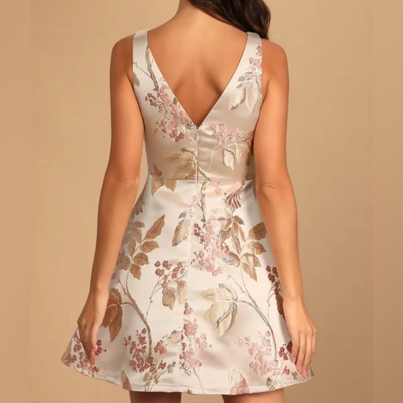 Lulus Revel in the Magic Beige Floral Jacquard Skater Mini Dress - Picture 3 of 8